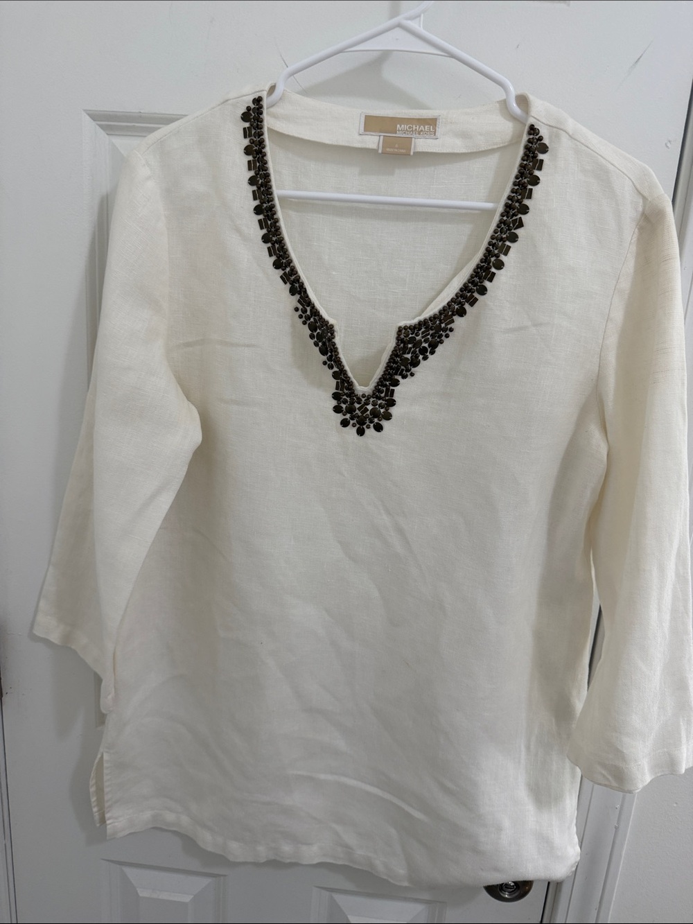 Michael Kors Cream Linen Tunic with Black Beaded V-Neck Size 8